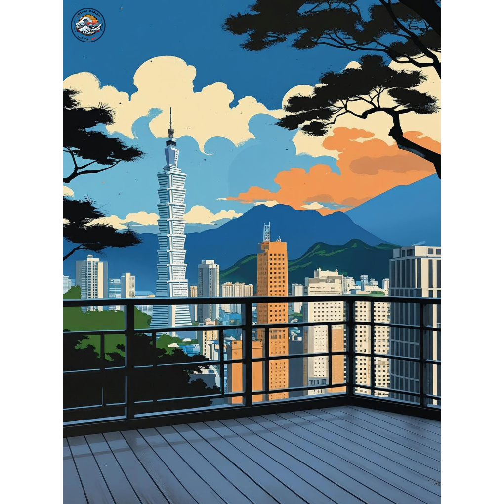 Abstract Ukiyo-e style art of Taipei 101 at night.