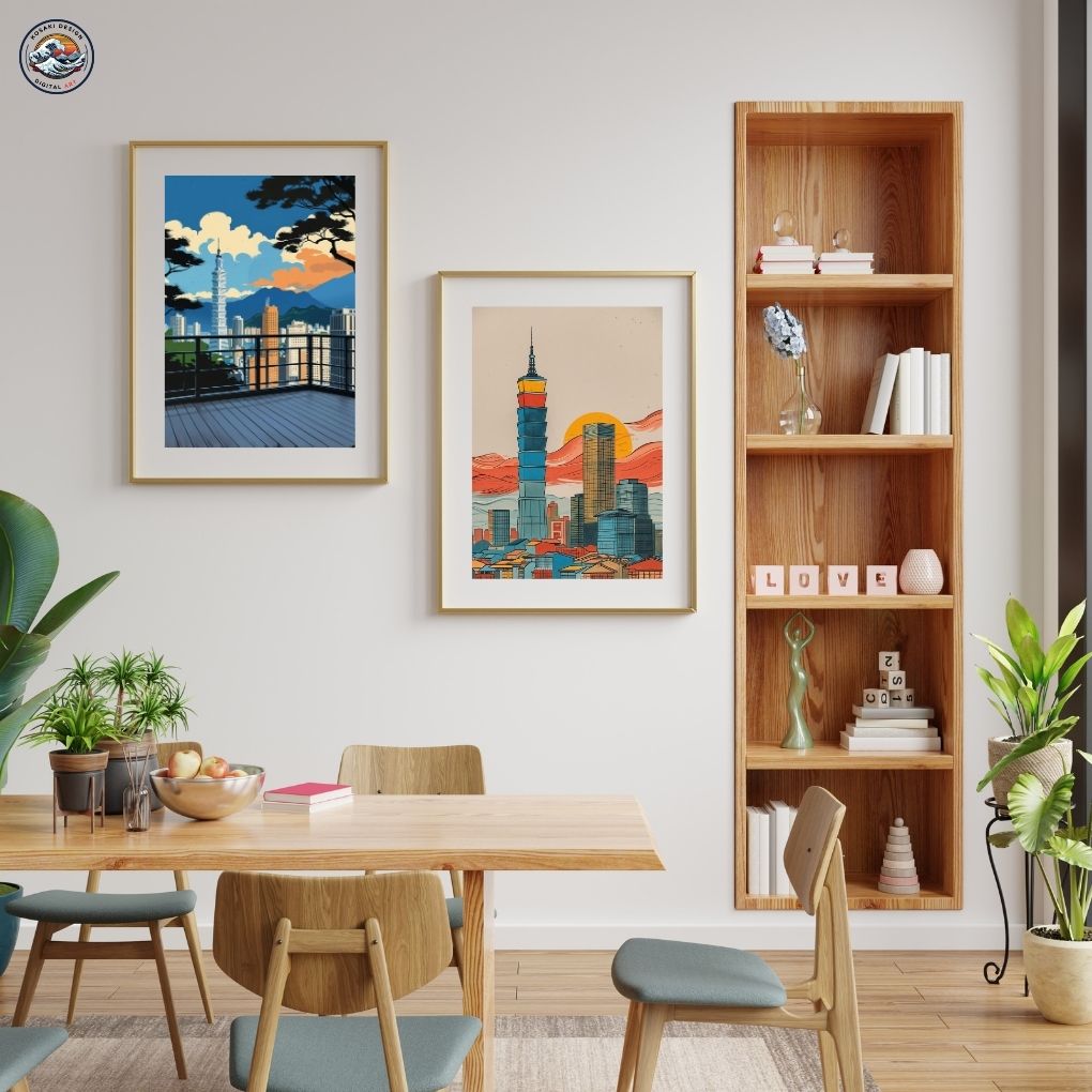The artwork displayed in a modern living room setting.