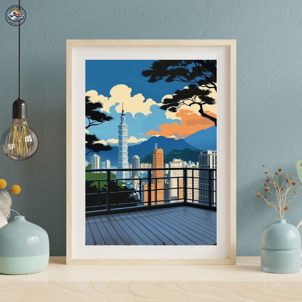 Abstract Ukiyo-e style art of Taipei 101 at night.